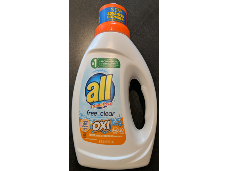 All With Stainlifters Free Clear Oxi Liquid Laundry Detergent, 20 Loads, 36 fl oz/1.06 L