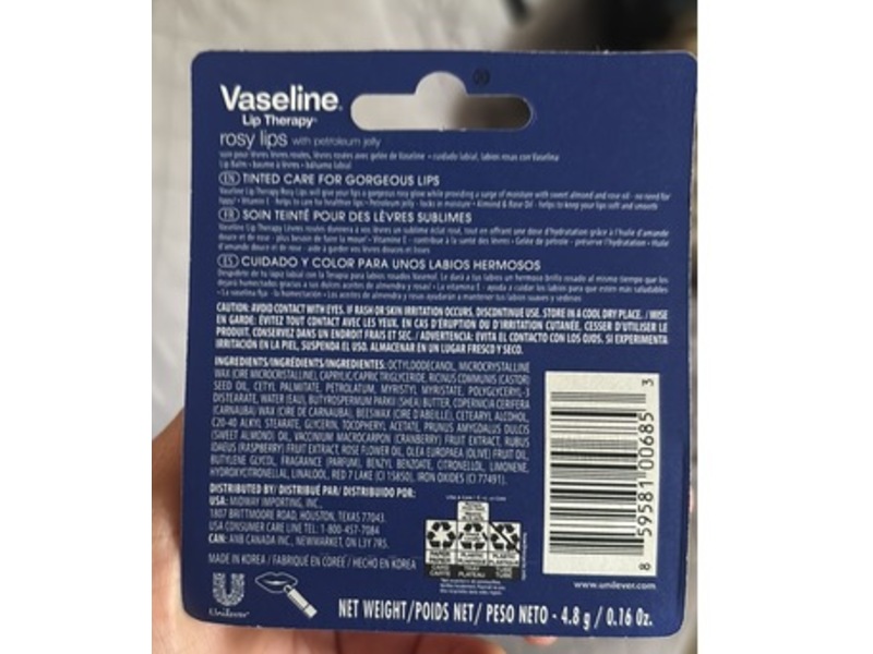 Vaseline Lip Therapy, Rosy Lips, 0.16 oz/4.8 g, Pack Of 4