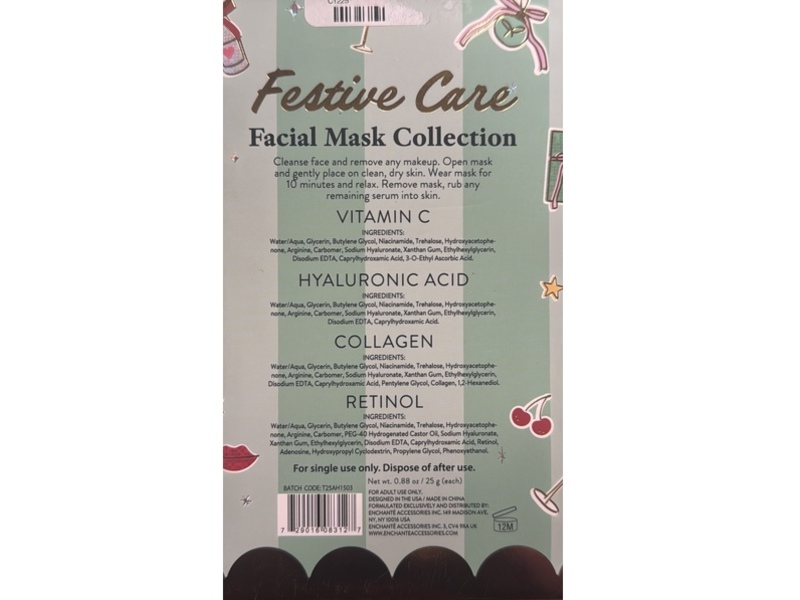 Enchanteaccessories Festive Care Face Mask Collection, 0.88 oz/25 g, Pack Of 4