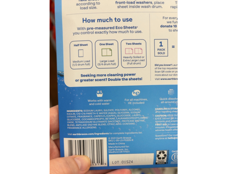 Earth Breeze 3 In 1 Laundry Detergent Sheets, Fresh Scent, 64 Loads