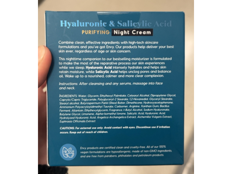 Envy Purifying Night Cream, Hyaluronic & Salicylic Acid, 1.69 fl oz/50 mL