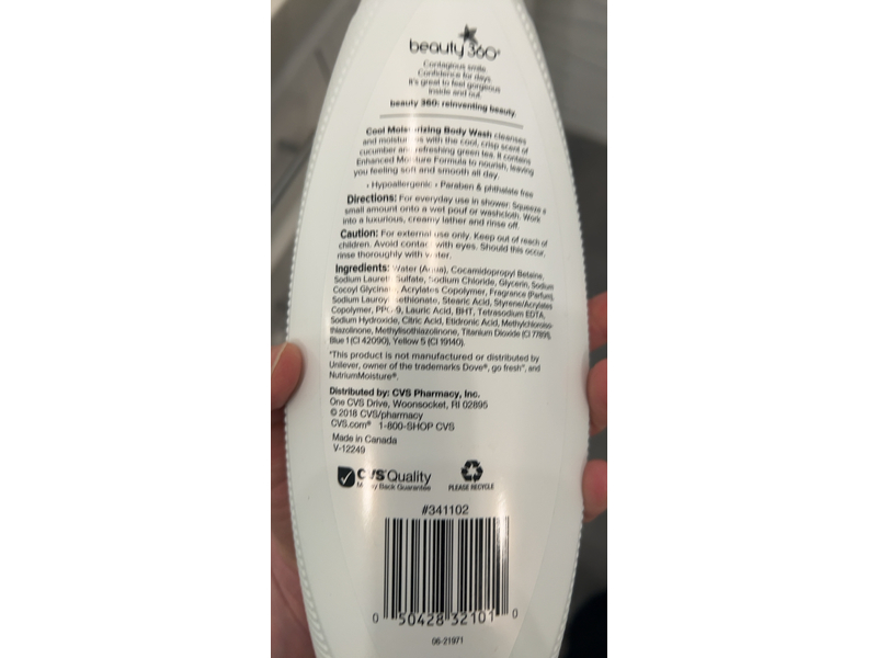 Beauty 360 Cool Moisturizing Body Wash, Cucumber & Green Tea, 22 fl oz/651 mL