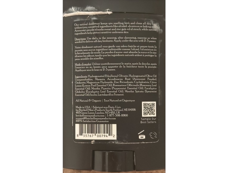 Brickell Men's Products Deodorant, Fresh Mint, 2.65 oz/75 g