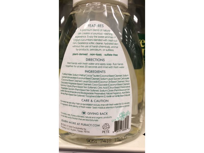 Puracy Natural Foaming Hand Soap, Cucumber & Mint, 8.5 fl oz