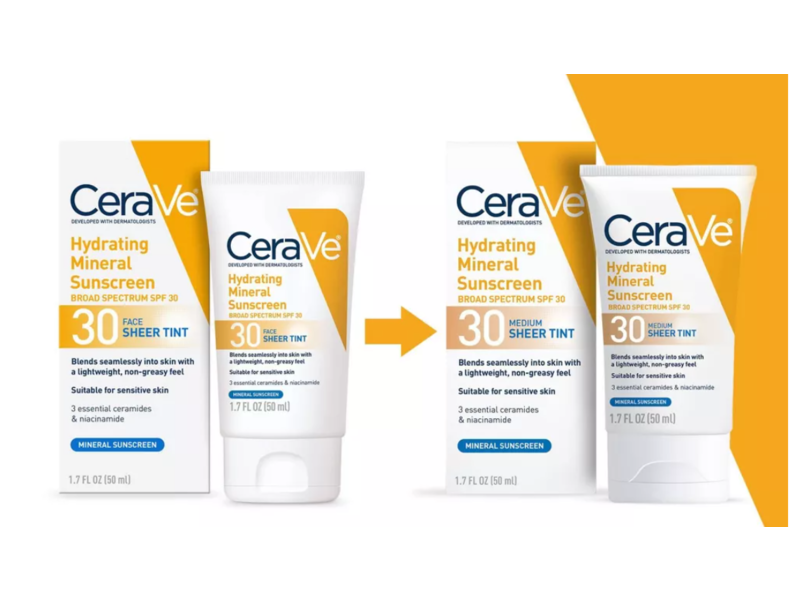 CeraVe Hydrating Mineral Sunscreen, SPF 30, Medium Sheer Tint, 1.7 fl oz/50 mL