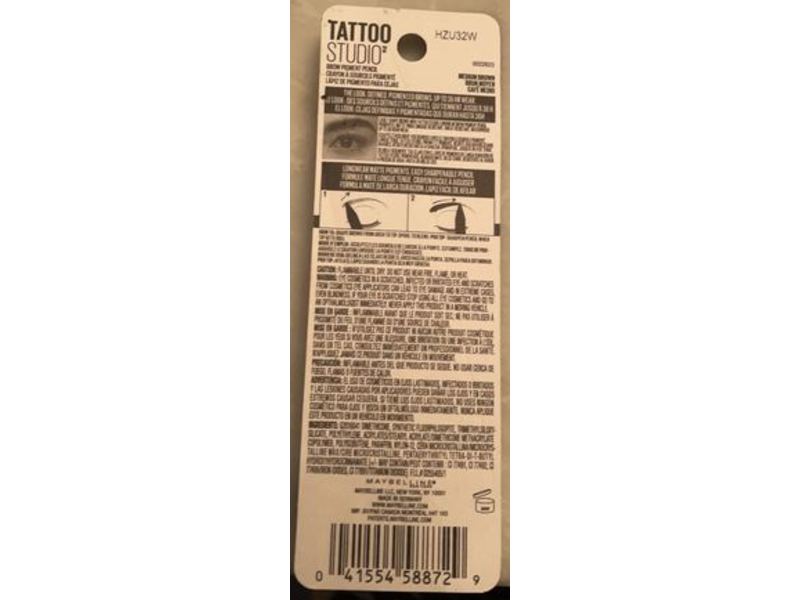 Maybelline New York Tattoo Studio Waterproof Eyebrow Pencil, Medium Brown, 0.026 oz/0.73 g