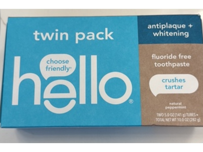 Hello Antiplaque + Whitening Fluoride Free Toothpaste Twin Pack, Crushes Tartar Natural Peppermint, 10 oz/282 g, 2 Count