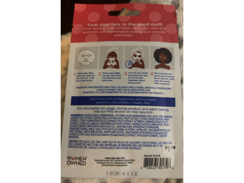 Miss Spa Fruit Enzyme Exfoliating Sheet Mask, 0.67 oz/19 g