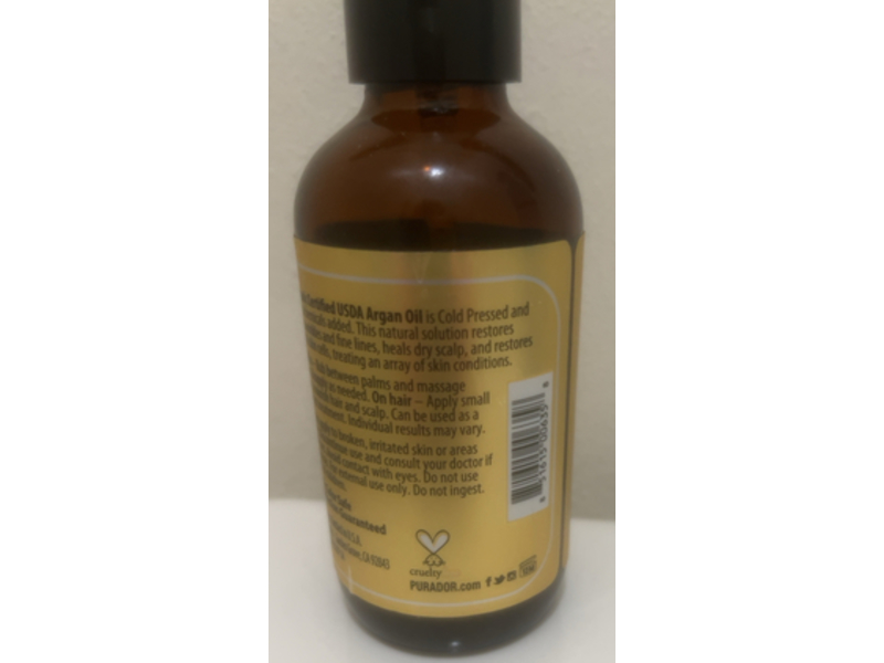 Pura d'or Pured Cold Pressed Organic Argan Oil, 4 fl oz/118 mL