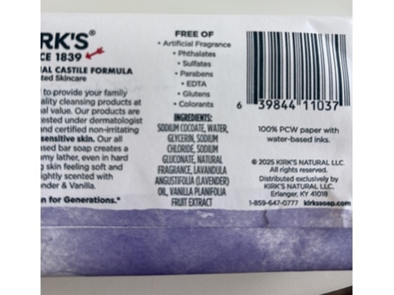 Kirk's Since 1839 Castile Soap, Lavender & Vanilla, 4 oz/113 g