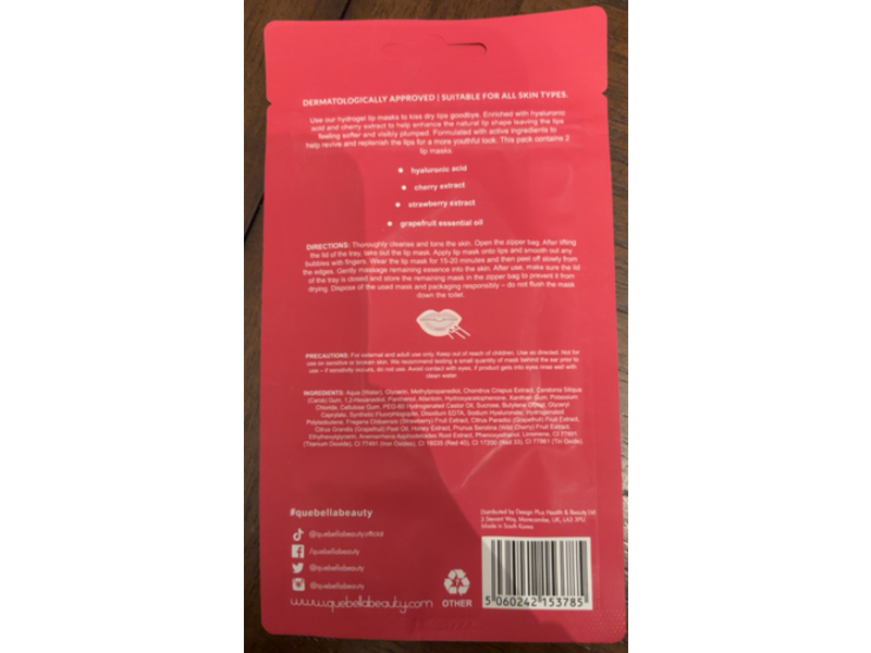 Que Bella Hydrogel Lip Masks, Cherry & Grapefruit, 2 Count
