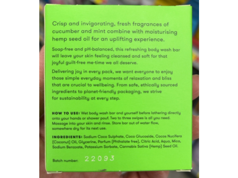 Anihana Body Wash Bar, Cucumber & Mint, 2.8 oz/80 g