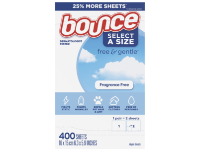Bounce Dryer Sheets, Free & Gentle, 400 Count