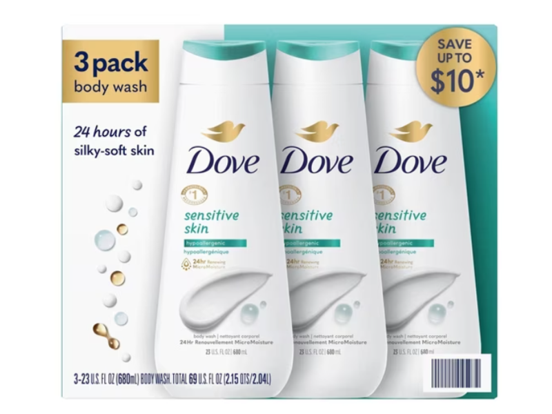Dove Sensitive Skin Body Wash, 23 fl oz/680 mL, Pack Of 3