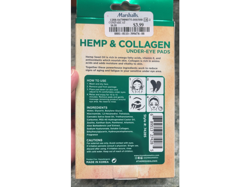 Azure Nourishing Under Eye Pads, Hemp & Collagen, 0.17 oz/5 g, 5 Pairs