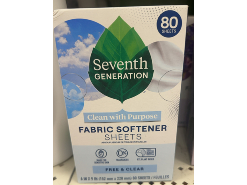 Seventh Generation Fabric Softener Sheets, Free & Clear, 80 Count, Pack Of 8