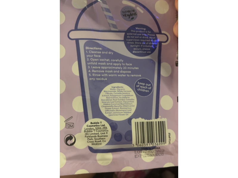 Bubble Cosmetics Bubble Tea Sheet Mask, Jasmine, 0.67 fl oz/20 mL