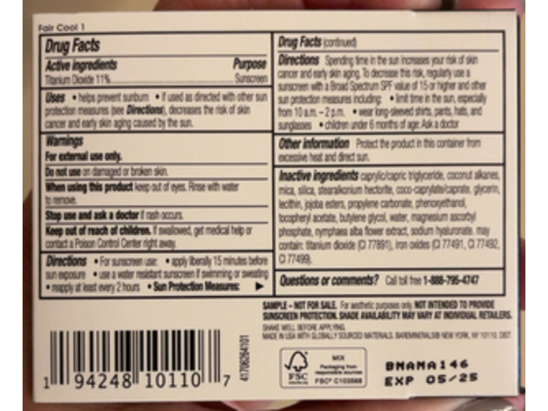 Bareminerals Original So Pure So True So You Serum Liquid Foundation, Fair Cool 1, SPF 20, 0.13 fl oz/4 mL