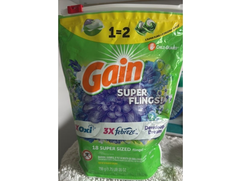 Gain Super Sized Flings Laundry Detergent Pacs, Dewdrop Dream Scent, 18 Loads, 28 oz/799 g