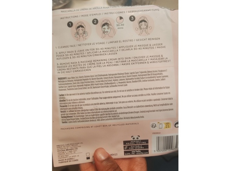 Oh K! Pink Clay Cream Sheet Mask, Witch Hazel, 0.52 oz/15 g