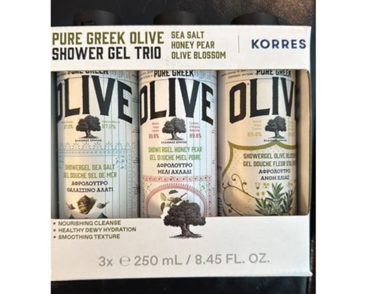 Korres Pure Greek Olive Shower Gel Trio, Sea Salt, Honey Pear, Olive Blossom, 8.45 fl oz/250 mL