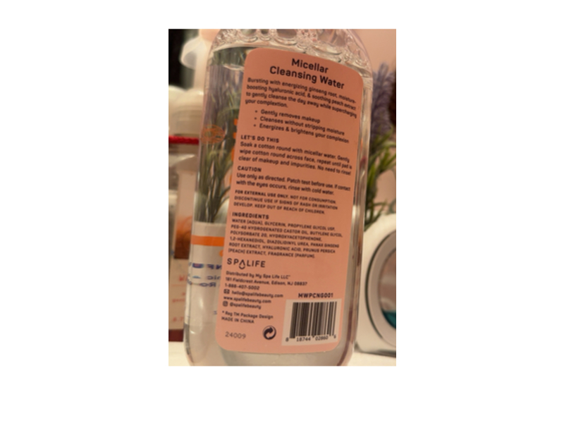 Spa Life Peachy Clean Micellar Water, Peach, Hyaluronic Acid & Ginseng Root, 13.5 fl oz/399 mL