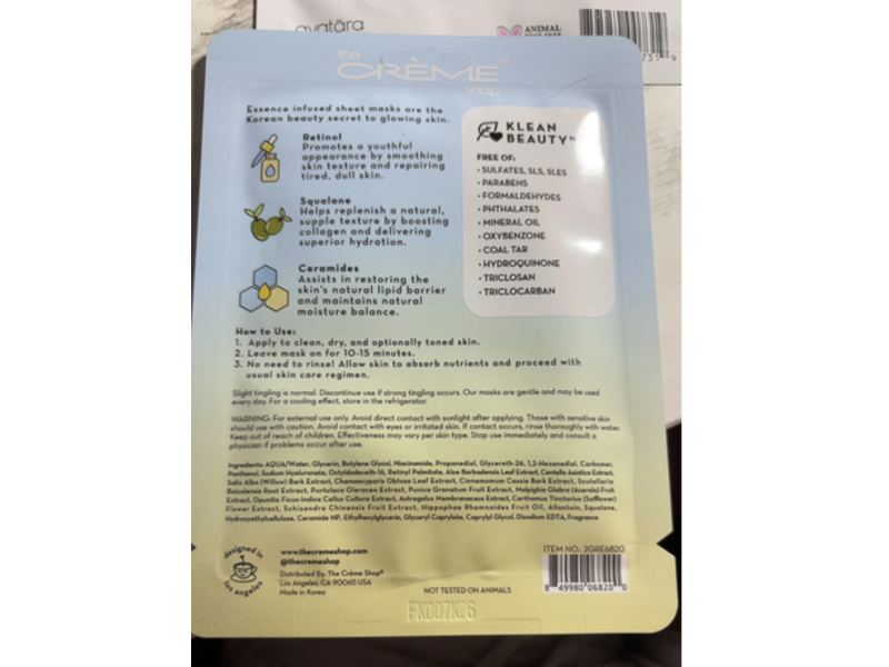 Klean Beauty Essence Retinol Sheet Mask, Retinol + Squalane + Ceramides, 0.84 fl oz/25 mL, Pack Of 5
