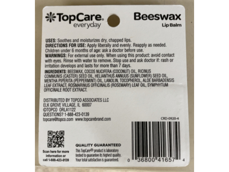 TopCare Everyday Beeswax Lip Balm, Peppermint + Vitamin E , 0.15 oz/4.25 g, 2Count
