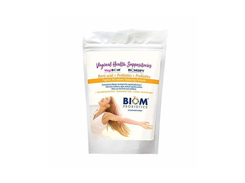 Biom Vaginal Health Suppositories, Probiotics+Prebiotics+Boric acid, 10 Count