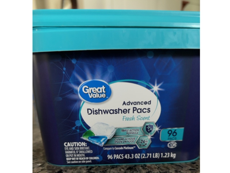Great Value Advanced Dishwasher Pacs, Fresh Scent, 96 Pacs, 43.3 oz/1.23 kg