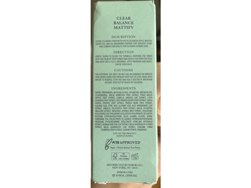 Byroe New York Clearing Toner, Apple Matcha Tea, 3.88 fl oz/115 mL