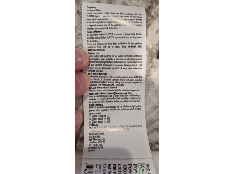 Klayesta (nystatin topical powder) 100,000 units per g, 15 g, Epic Pharma (Rx)