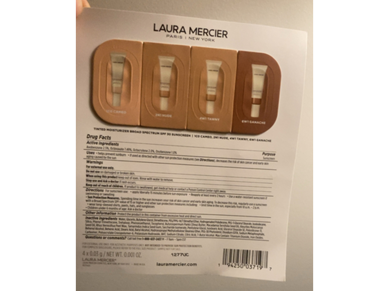 Laura Mercier Tinted Moisturizer, 1C0 Cameo, 2N1 Nude, 4W1 Tawny, 6W1 Ganache, SPF 30, 0.001 oz/0.03 g, Pack Of 4