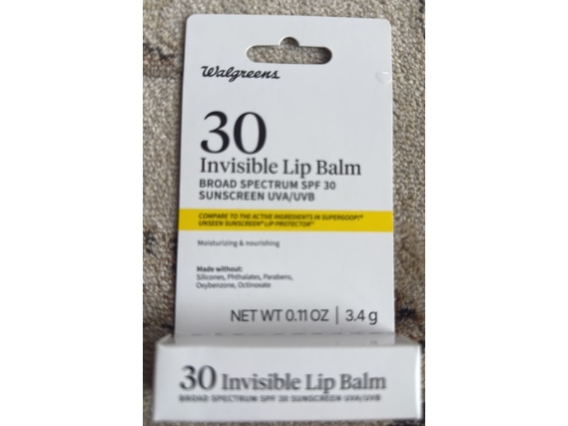 Walgreens Invisible Lip Balm, SPF 30, 0.11 oz/3.4 g