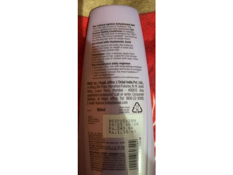 L'Oreal Paris 72H Moisture Sealing Conditioner, 180 mL