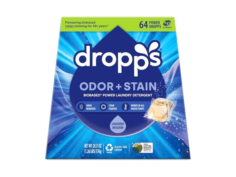 Dropps Odor + Stain Laundry Detergent Pods, Lavender Meadow, 20.31 oz/576 g, 64 Pods