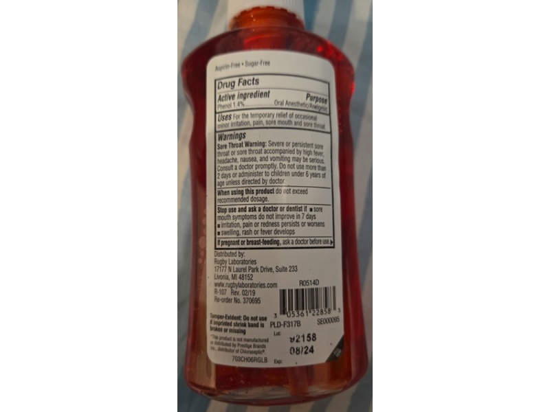 Rugby Sugar Free Phenaseptic Oral Anesthetic, Cherry, 6 fl oz/117 mL