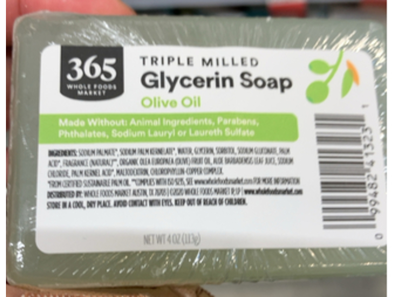 365 Whole Foods Market Triple Milled Glycerin Soap Bar, Olive Oil, 4 oz/113 g