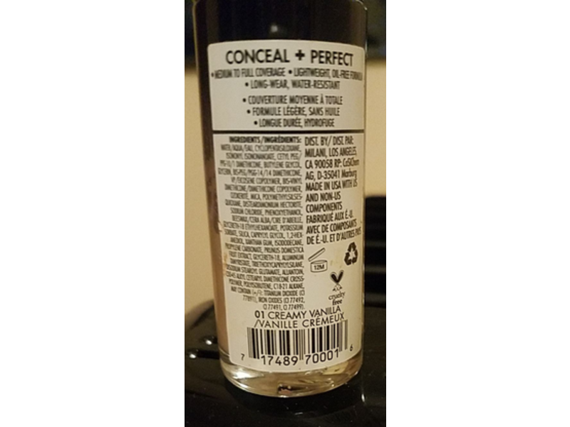 Milani Conceal + Perfect 2-in-1 Foundation Concealer, 01 Creamy Vanilla, 1 fl oz/30 mL