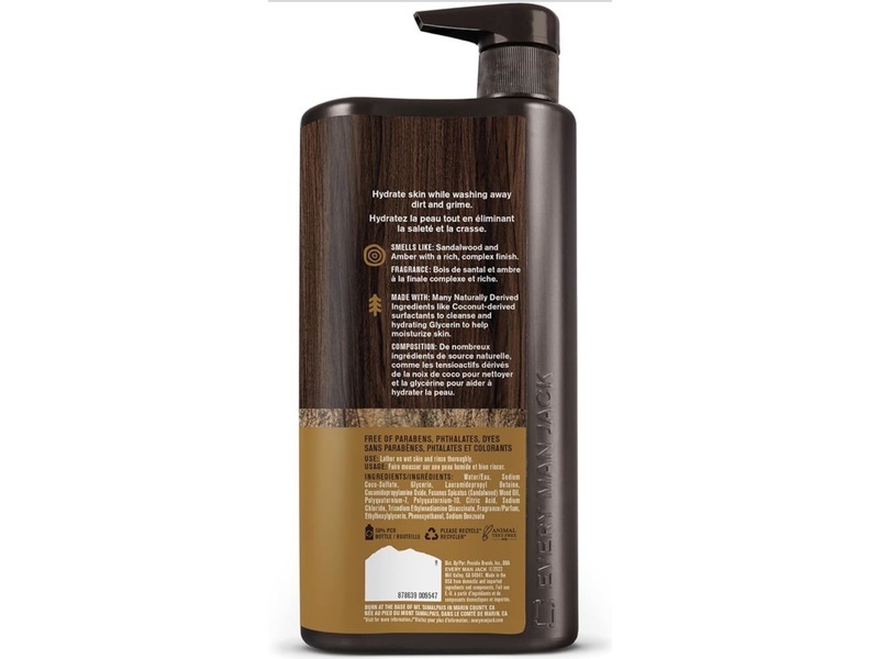 Every Man Jack Body Wash, Amber + Sandalwood, 33.8 fl oz/1000 mL, Pack Of 2