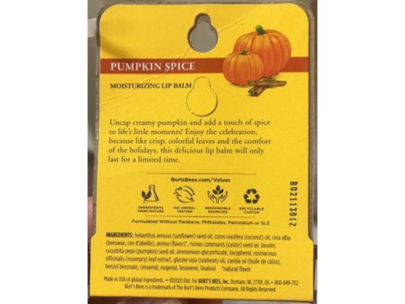 Burt's Bees Moisturizing Lip Balm, Pumpkin Spice, 0.15 oz/4.25 g