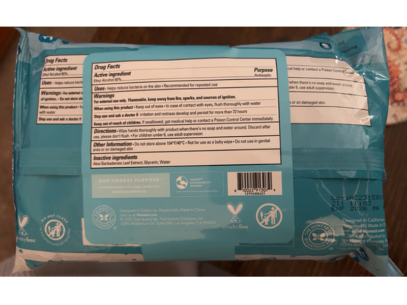 Honest Aloe Sanitizing Wipes, Free & Clear, 50 Count, Pack Of 3