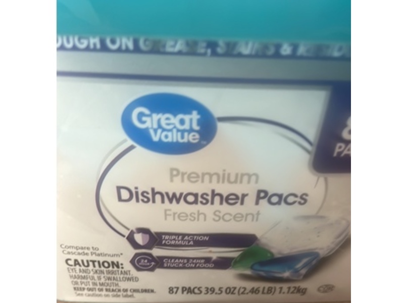 Great Value Premium Dishwasher Pacs, Fresh Scent, 39.5 oz/1.12 kg, 87 Pacs