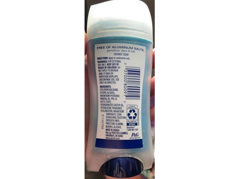 Secret 48 Hr Odor Protection Deodorant, Aluminum Free, Coconut, 2.4 oz/68 g, Pack Of 3