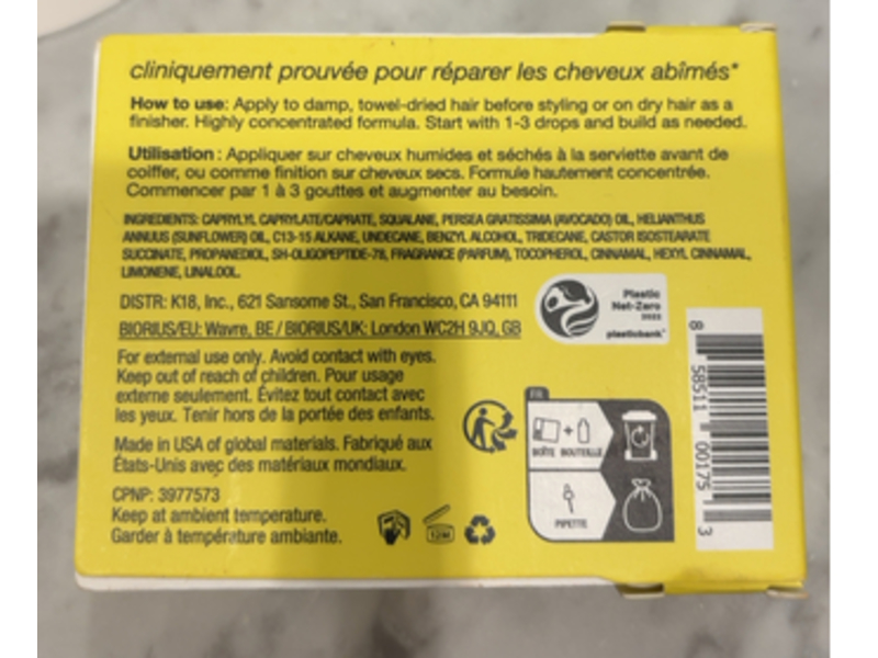 K18 Biomimetic Hairscience Molecular Repair Hair Oil, 0.13 fl oz/4 mL