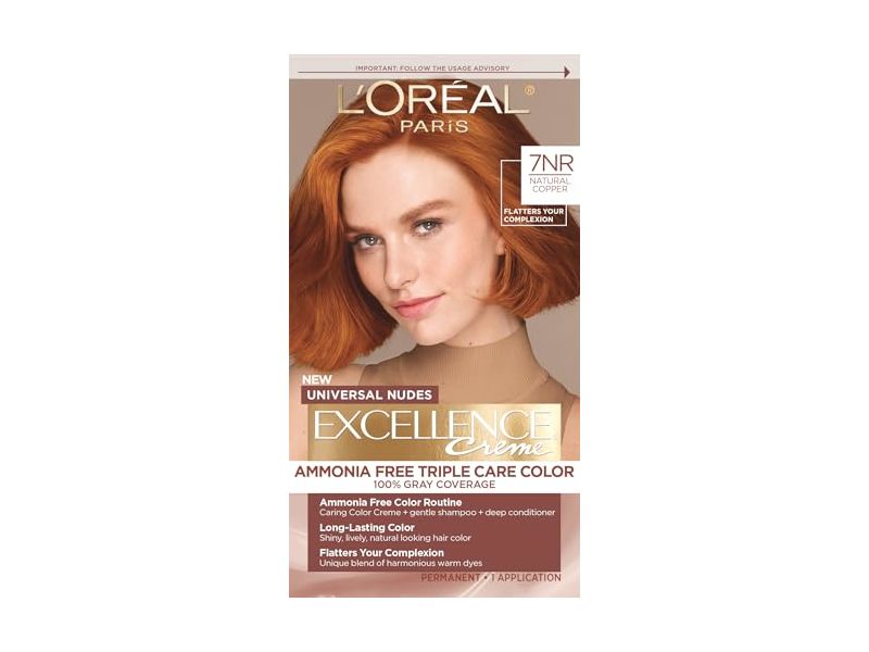 L’Oreal Paris Excellence Creme Ammonia Free Triple Care Color, 7NR Natural Copper, 1 Application