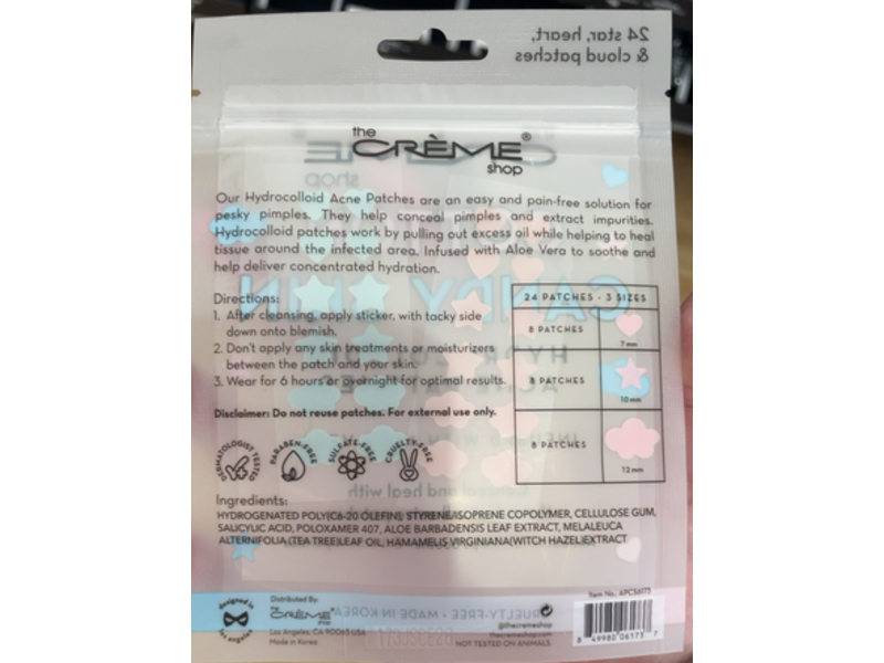 The Creme Shop Cotton Candy Skin Hydrocolloid Acne Patches, Aloe Vera, 24 Patches