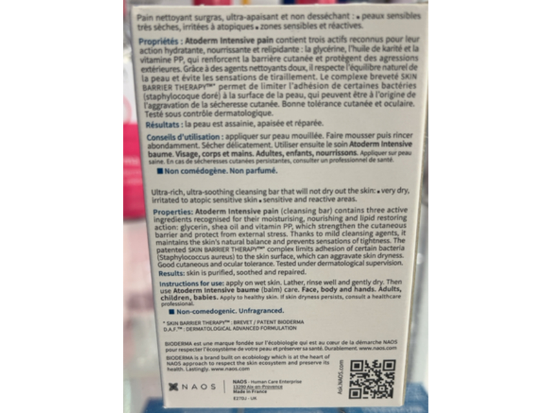 Bioderma Atoderm Intensive Pain Ultra-Soothing Cleansing Bar, 5.2 oz/150 g