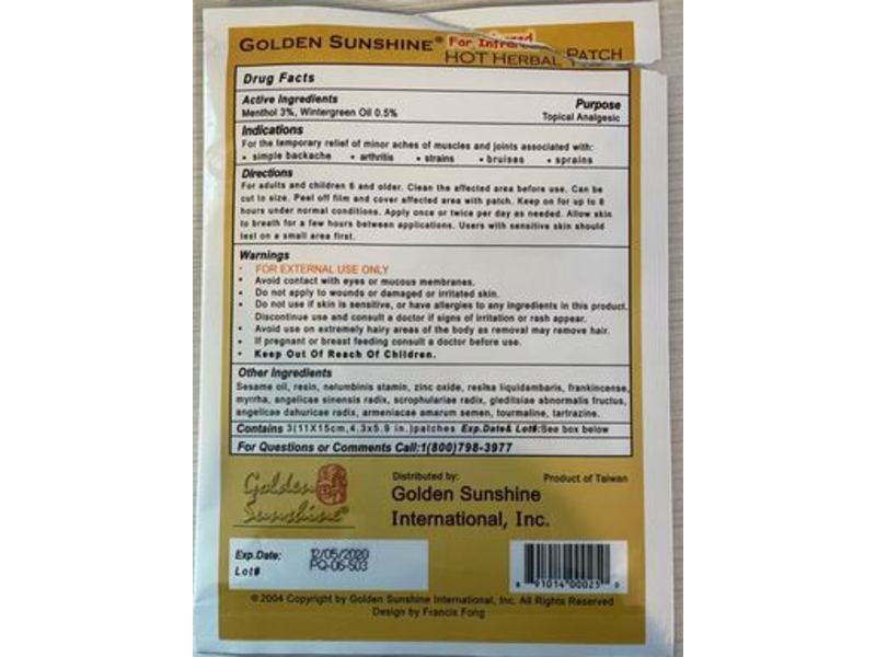 Golden Sunshine Hot Herbal Patch, Far Infrared, Pack Of 5