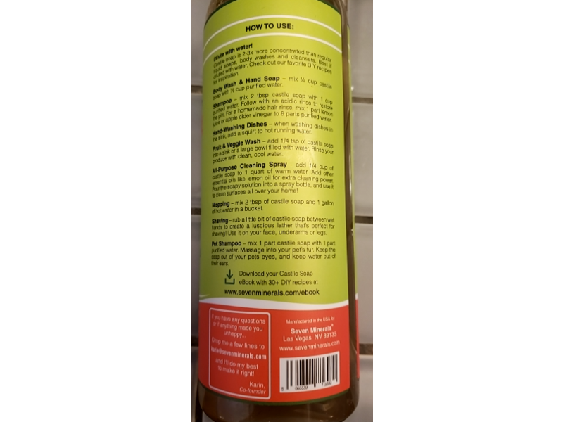 Seven Minerals Pure Castile Soap, Mandarin & Basil, 33.8 fl oz/1 L